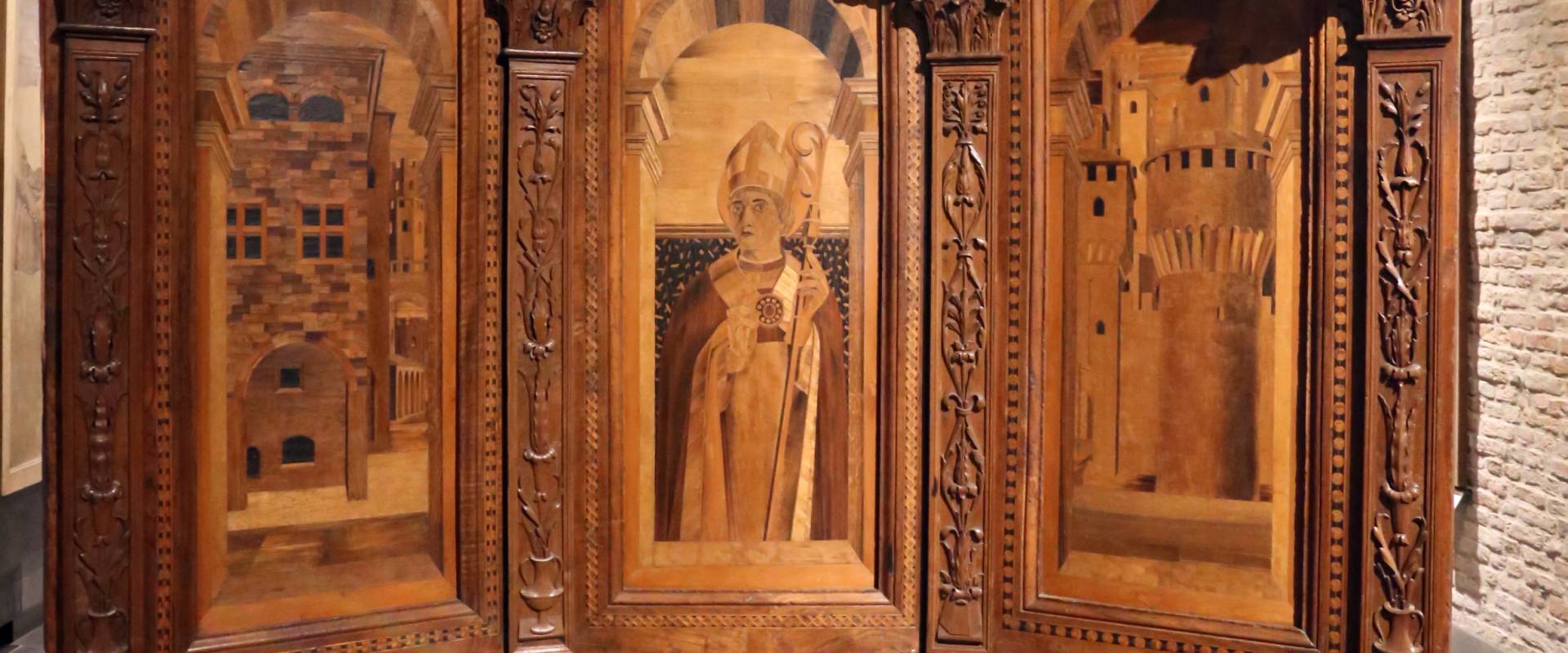 Bernardino da lendinara, due tronetti lignei con vedute di città e i ss. ilario e giovanni battista, 1494, 01 foto di Sailko